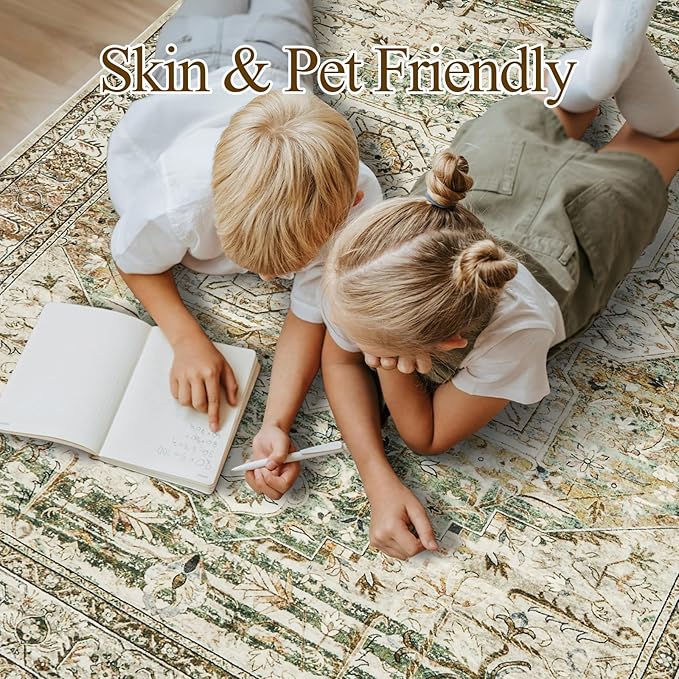 Washable Area Rug 8x10, Large Soft Rugs for Living Room Farmhouse Vintage Area Rugs for Bedroom Dining Room Non-Slip Stain Resistant Under Table Rug Olive Beige