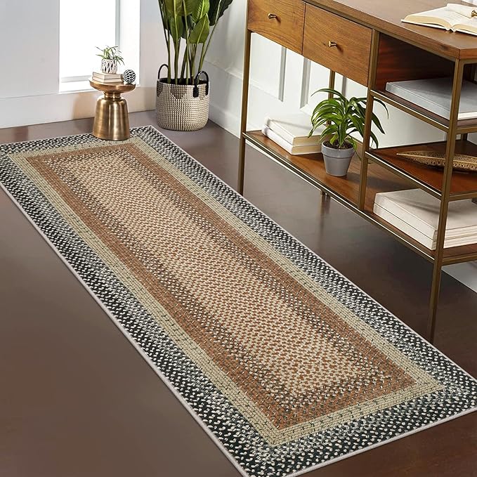 Imitation Braided Collection-Print Washable Runner Rug 2x10 Non Slip Bath Mat Modern Soft Bedroom Rug Farmhouse Throw Rugs Kitchen Rugs Stain Resistant Carpet for Hallway Entryway