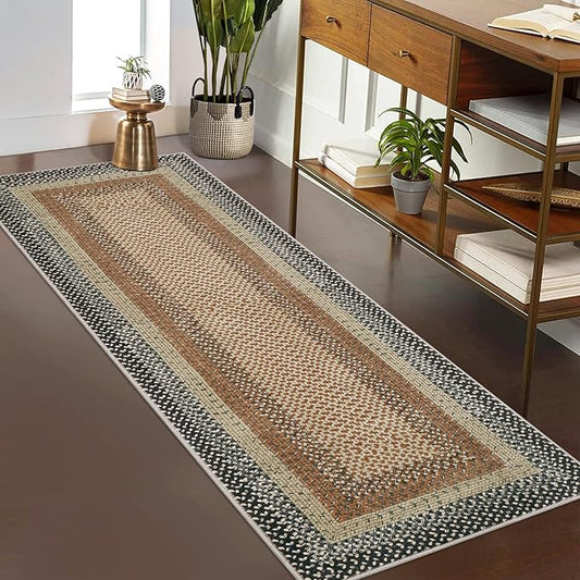 Imitation Braided Collection-Print Washable Runner Rug 2x10 Non Slip Bath Mat Modern Soft Bedroom Rug Farmhouse Throw Rugs Kitchen Rugs Stain Resistant Carpet for Hallway Entryway