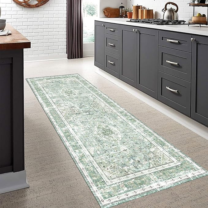 Vhong Boho Area Rugs Washable Runner Vintage Modern Neutral Carpet Sage Green 2×6 High Traffic Rugs for Kitchen Hallway Living Room Non Slip