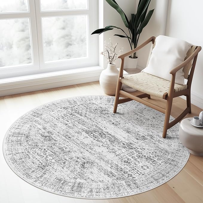 4x4 Grey Round Rug 4ft Gray Entryway Rug Vintage Round Area Rug Non-Slip Indoor Carpet for Living Room Dining Room Bedroom
