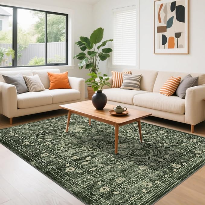 U'Artlines Boho Vintage Area Rug 5x7 Machine Washable Low Pile Soft Floor Carpet Non Slip Non Shedding Accent Rug for Living Room Bedroom Entryway Dining Room Office Dark Green