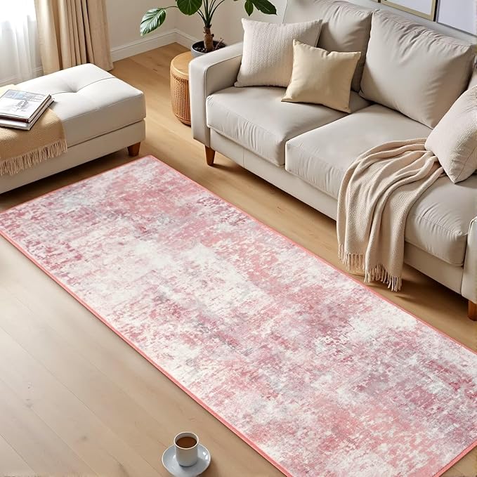 Washable Abstract Runner Rug, 2x6 Modern Area Rugs with Non-Slip Rubber Backed for Kitchen, Thin but Soft Contemporary Carpet Bedroom Entryway Hallway Decor, Pink