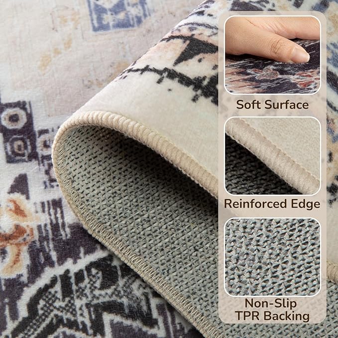 BESTSWEETIE 2x10 Area Rugs for Living Room Washable Non Slip Carpet Low Pile Soft Vintage Print Pattern Rug for Bedroom Dining Room Kitchen Entryway Indoor-Khaki/Beige/Purple/Black/Brick