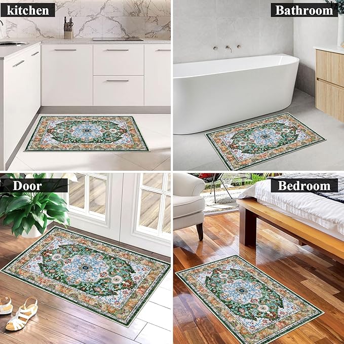 U'Artlines Washable Boho Area Rug, 2x3 Small Soft Non Slip Vintage Doormat for Indoor Front Door Green Mat Carpet for Entryway Kitchen Bathroom Bedroom