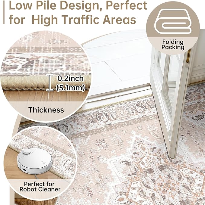 BESTSWEETIE 8x10 Area Rugs for Living Room Washable Non Slip Carpet Low Pile Soft Vintage Print Pattern Rug for Bedroom Dining Room Kitchen Entryway Indoor-Light Pink