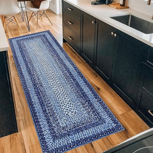 Printed Washable Runner Rug 2x10 Runners for Hallways Braided Rug Non Slip Bath Mat Modern Soft Bedroom Rug Farmhouse Kitchen Rugs Entryway Rugs Stain Resistant Carpet 2'x10' Navy