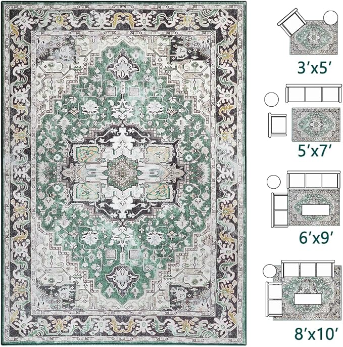 Vitnage Green Rugs, Low Pile Washable Area Rugs, Non-Slip Distressed Rugs for Bedroom, Living Room, Kitchen, Dining Room (Green, 3x5)