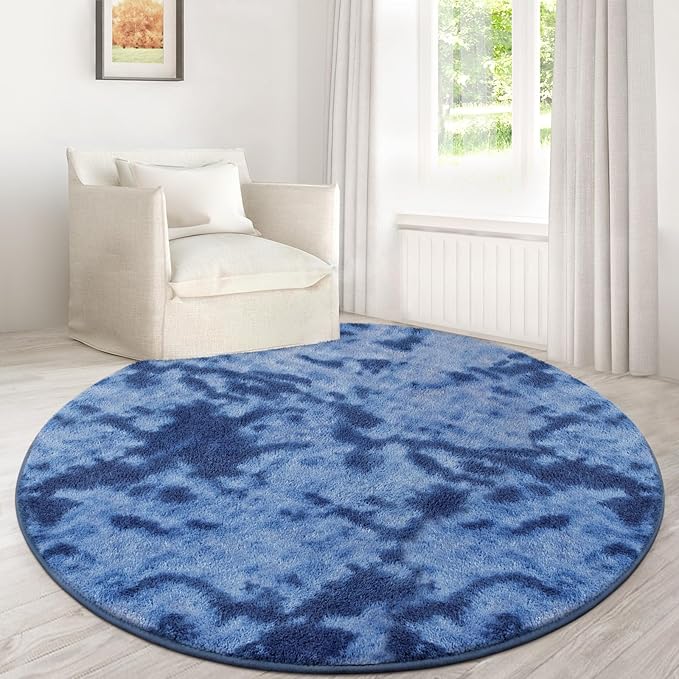 Lascpt Round Rug for Bedroom 7x7, Tie-Dyed Navy Blue Circle Rug for Living Room Super Soft Thicken Memory Foam Circular Rug, Indoor Area Rug for Modern Home Decor, Round Carpet for Nursery Kid's Room