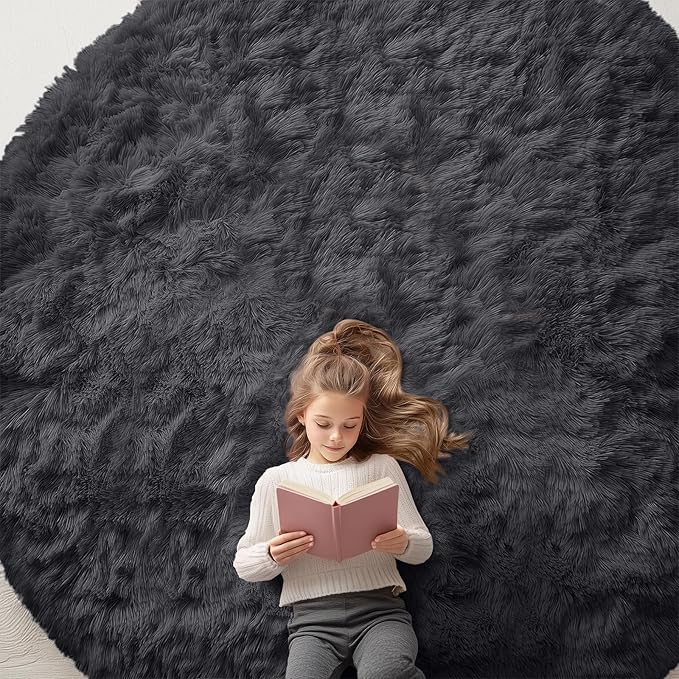 OLANLY Black Round Rugs for Bedroom - Machine Washable, 9x9 Feet Circle Area Rugs for Living Room, Soft and Fluffy Shaggy Carpet for Teen Girls and Boys, Nursery Rooms, Dorms, Home Decor Aesthetic