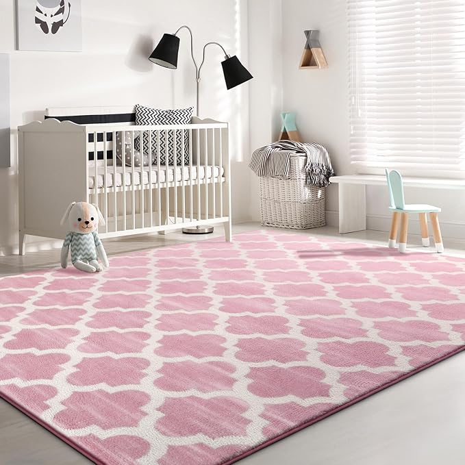 Large 6x9 Geometric Shag Modern Area Rug for Living Room Bedroom, Distressed Moroccan Fluffy Rug Indoor Carpets for Kids Nursery Bedside Room Decor, Memory Foam Soft Shaggy Rugs, Pink/White