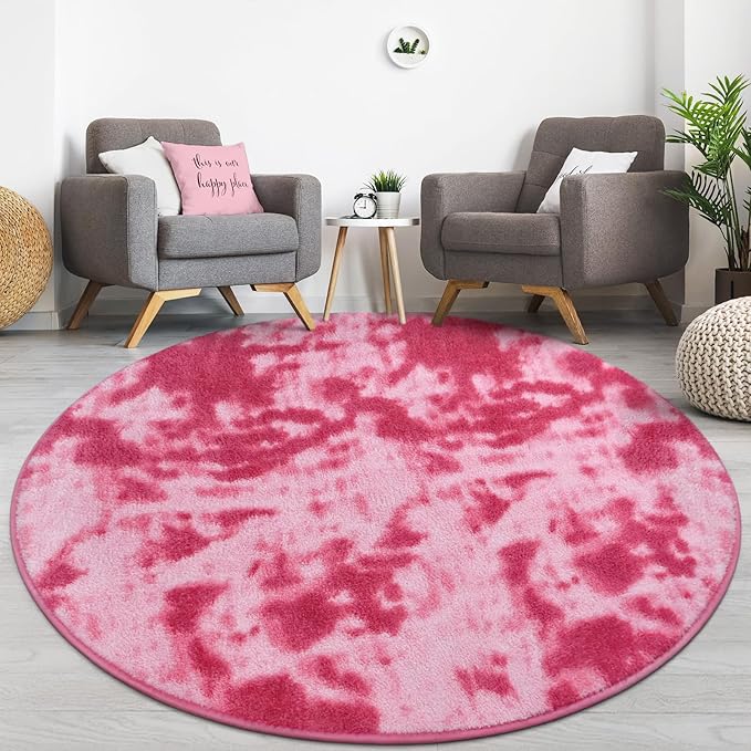Lascpt Round Rug for Bedroom 4x4, Tie-Dyed Pink Circle Rug for Living Room Super Soft Thicken Memory Foam Circular Rug, Indoor Area Rug for Modern Home Decor, Round Carpet for Nursery Kid's Room