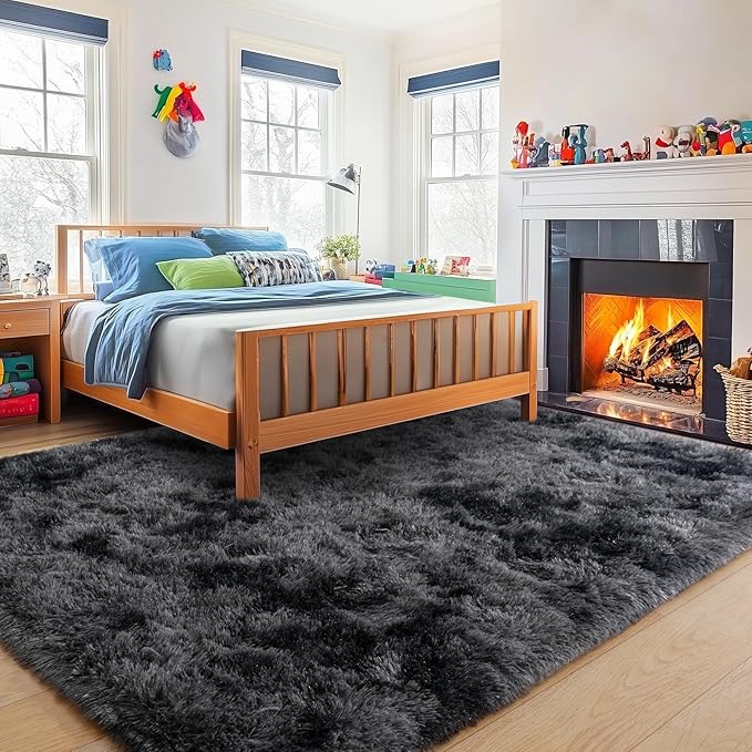 Area Rugs for Bedroom Living Room, Non-Slip Fluffy Shag Floor Carpet, 4x6 Shaggy Soft Plush High Pile Indoor Rug for Nursery Kids Room Dorm Home Decor Aesthetic, Tie-Dye Black Grey