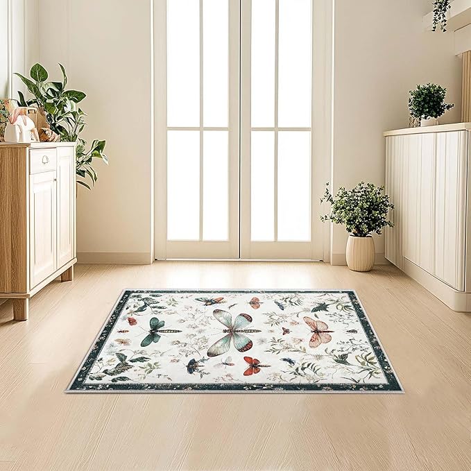 2x3 Entryway Rugs Machine Washable Area Rug Butterfly Nature Botanical Leaf Boho White Rug Non-Slip Low Pile Door Mat Entrance Small Carpet for Home Kitchen Bathroom Bedroom