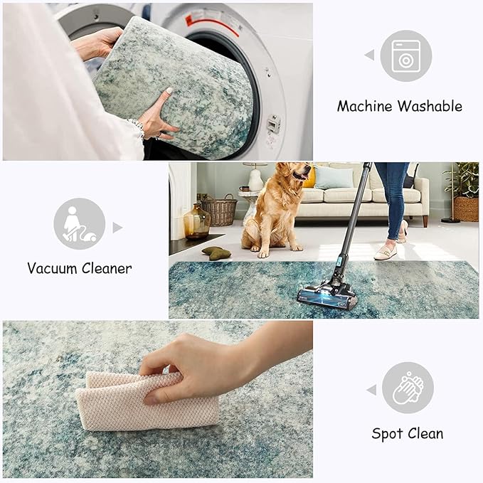 Lahome Modern Abstract Hallway Runner Rug 8ft, Washable 2x8 Rug Runners for Hallways Non Slip, Soft Bathroom Kitchen Runner Non Skid Carpet Runner for Entryway Laundry Bedroom RV, Blue/Grey