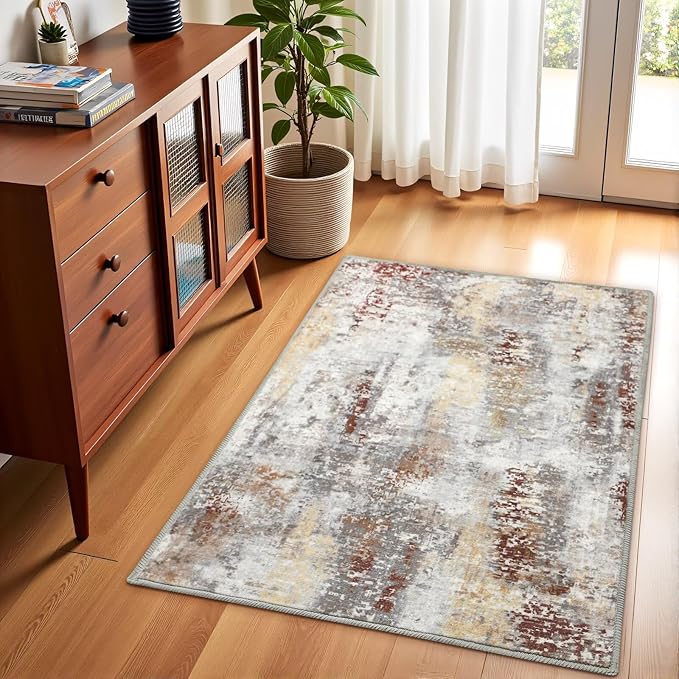 Washable Abstract Rug, 2x3 Small Modern Area Rugs with Non-Slip Rubber Backed for Kitchen, Thin but Soft Throw Carpet Bedroom Entryway Front Door Decor, Rusty Brown