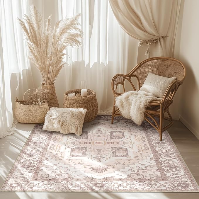 Washable 5x7 Area Rugs, Rugs for Living Room, Low-Pile Water&Stain Resistant Carpet Vintage Distressed Printed Non-Slip Carpet for Bedroom Bathroom Kitchen-Pink
