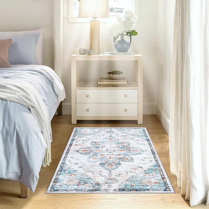 2x3 Rug Entryway Rugs: Washable Boho Vintage Small Rug Indoor Medallion Soft Non Slip Ultra Thin Non-Shedding Front Door Mat for Kitchen Bathroom Bedroom (Azure Blue 2'x3')