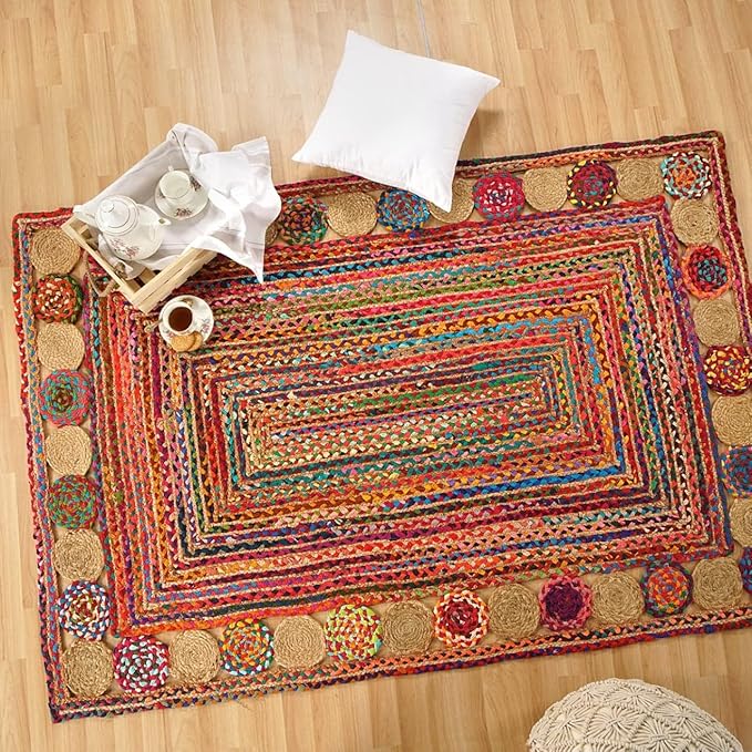 GRUHUM Jute Cotton Area Rug 8x10ft -Natural Multicolour Handwoven Boho Chindi Farmhouse Soft Braided Rustic Vintage Eco Friendly Rug for Indoor Kitchen Bedroom Living Room Hallways Enterways 8x10ft