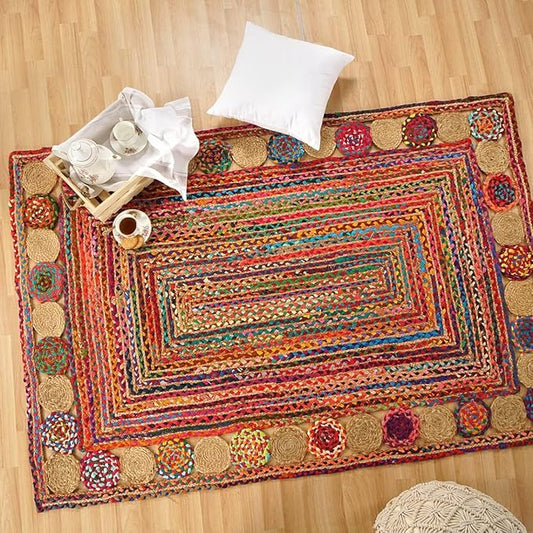 GRUHUM Jute Cotton Area Rug 8x10ft -Natural Multicolour Handwoven Boho Chindi Farmhouse Soft Braided Rustic Vintage Eco Friendly Rug for Indoor Kitchen Bedroom Living Room Hallways Enterways 8x10ft