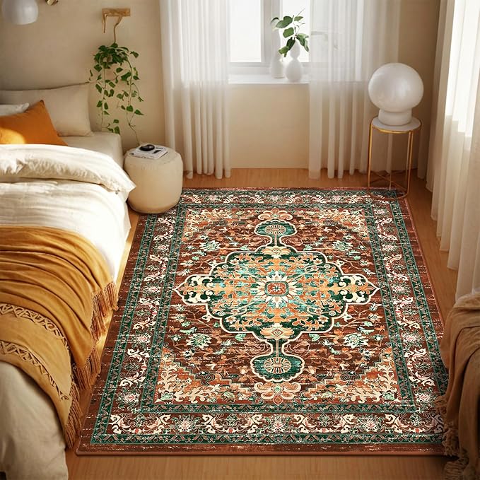 U'Artlines Boho Vintage Area Rug 4x6 ft Machine Washable Low Pile Soft Floor Carpet Non Slip Non Shedding Accent Rug for Living Room Bedroom Entryway Dining Room Office Rust＆Teal