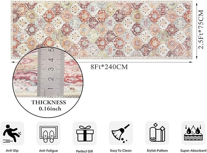 Lahome Moroccan Hallway Rug, 2'5''x8' Kitchen Runner Rugs Non Skid Washable Runners for Hallways, Ultra-Thin Oriental Carpet for Entryway Laundry Room Bedroom Bathroom, Orange/Terracotta