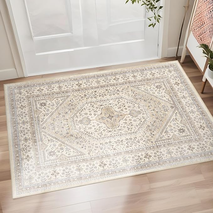 Washable Entryway 2x3 Rug: Small Boho Rugs for Indoor Entrance Non Slip Backing Stain Resistant Carpet Low Pile Throw Rugs for Bedroom Bedside Inside Front Door Floor Kitchen Decor(Beige,2x3FT)
