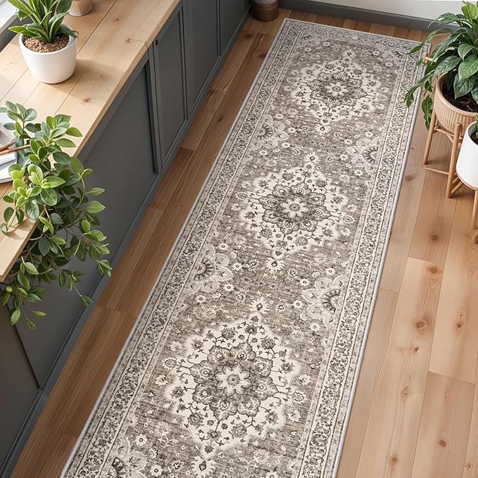 Washable Oriental Hallway Runner Rug - 3x12 Rugs for Living Room Soft Carpet for Bedroom Kitchen Waterproof Floral Distressed Indoor Stain Resistant Non-Shedding Floor Carpets (Beige, 3X12)