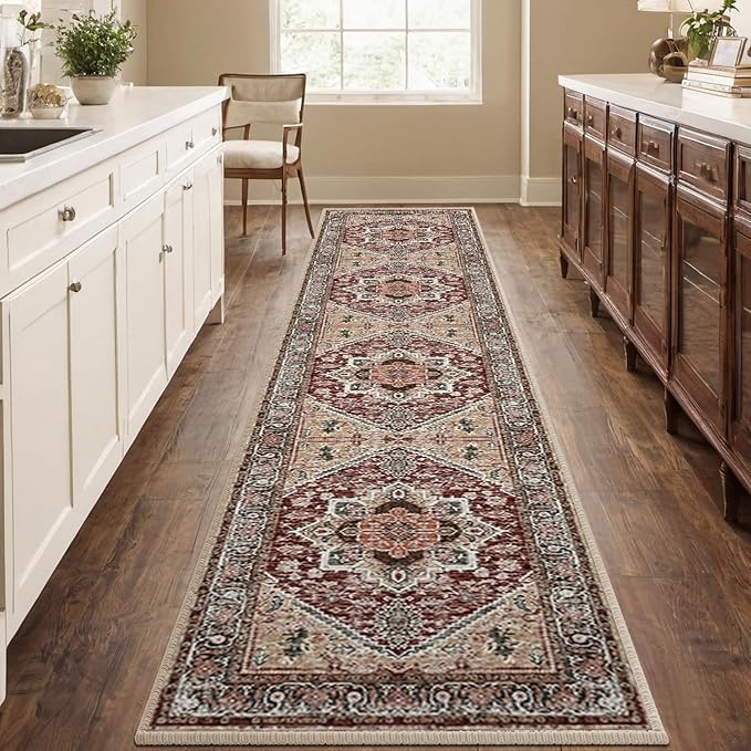 BESTSWEETIE 2x10 Area Rugs for Living Room Washable Non Slip Carpet Low Pile Soft Vintage Print Pattern Rug for Bedroom Dining Room Kitchen Entryway Indoor-Wine/Brown/Brick/Black/Light tan