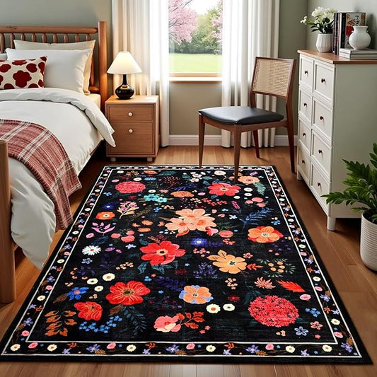 Black Floral Rug for Girls Bedroom, 3x5 Machine Washable Area Rugs with Non Slip Backingfor Living Room, Cute Flowers Carpet Kitchen Dining Room Kids Playroom Decor