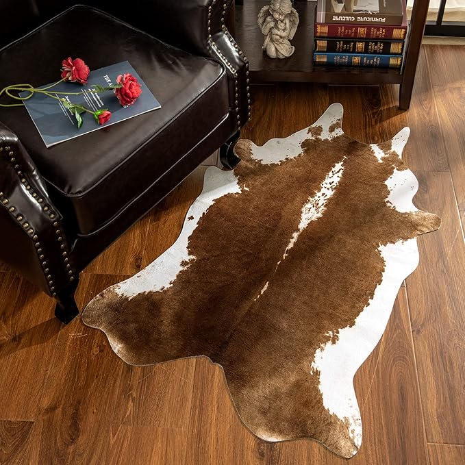 AROGAN 8x10 Faux Cowhide Area Rugs for Living Room, Animal Skins Cow Hide Rug for Bedroom, Cool Western Christmas Decor, Thin Leather Cow Hide Carpets Fireplace Rug, Brown