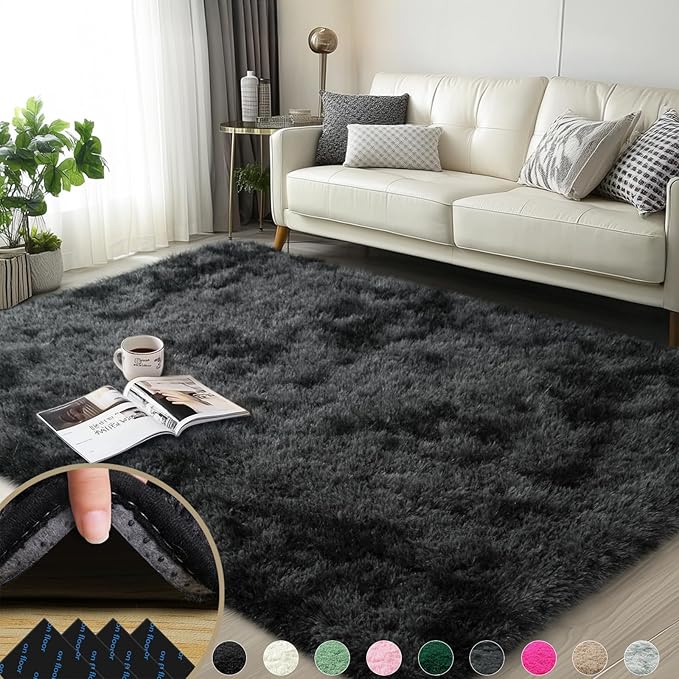 3x5 Rugs for Bedroom, Fluffy Area Rugs for Living Room, Soft Shag Kids Rug Small Carpet with 4 Non-Slip Rug Pads (Black Grey Tie-Dyed, 3ft x 5ft)