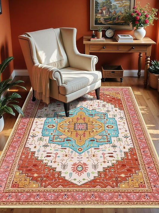 3x5 Orange Pink Area Rug for Living Room, Machine Washable Rugs with Non-Slip Backing for Bedroom, Vintage Medallion Carpet Kitchen Laundry Kids Room Decor