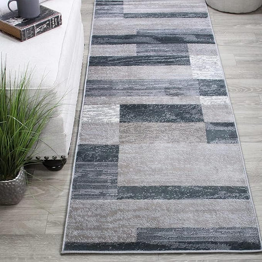 SUPERIOR Indoor Runner Rug, Jute Backed, Modern Geometric Patchwork Floor Decor for Bedroom, Office, Living Room, Entryway, Hardwood Floors, Rockwood Collection, 2' 7" x 10', Blue-Taupe