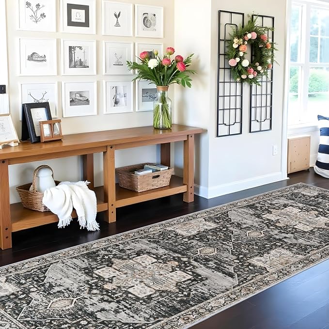 RUUGME Hallway 3x10 Runner Rug - Washable Rugs with Non Slip Backing Ultra Thin Stain Resistant Carpet for Kitchen Living Room Bedroom Vintage Tribal Rugs for Floor Decoration Mat 3x10 Black