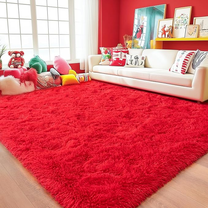 8x10 Red Rugs for Living Room Bedroom, Soft Plush Shaggy Area Rugs Fluffy Modern Non-Slip Floor Carpet for Kids Girls Room Dorm Nursery Home Decor Aesthetic