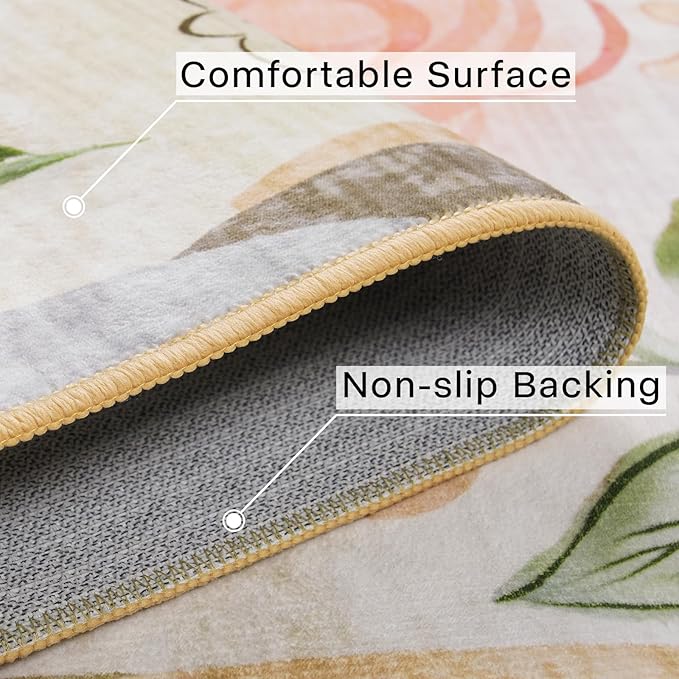 ST. BRIDGE Beige Runner Rug 2x6, Washable Rug Runners for Hallway Entryway Bedroom, Non-Slip Low Pile Boho Floral Throw Rugs Soft Faux Wool Floor Carpet for Kitchen, Bathroom, Laundry