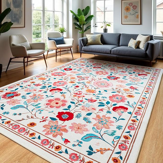 Area Rugs for Living Room 6x8 Non-Slip Carpet Washable Boho Rug Vintage Low Pile Carpet Print Home Rugs for Bedroom Kids Room Playroom Dining Room Home Office Farmhouse,Khaki
