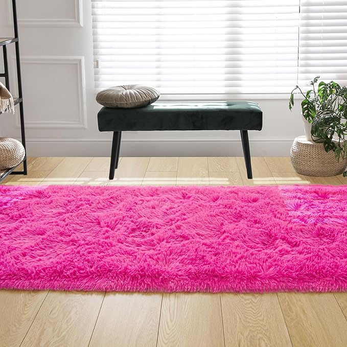Tepook Soft Runner Rugs for Bedroom 2x6 ft with Rubber Backing, Hot Pink Fluffy Rugs for Living Room, Shag Bedside Rug Fuzzy Plush Carpet for Room, Area Rug for Dorm Nursery Hallway Indoor Home Decor