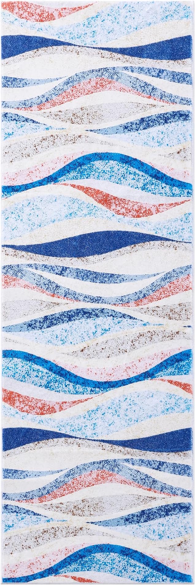 Carvapet Runner Rugs for Hallway Laundry Bedroom, Modern Low Pile Long Carpet with Rubber Backing, Foldable, Non Slip Machine Washable (6 x 2 Feet Rectangular, Orange/Blue Runner Rug)