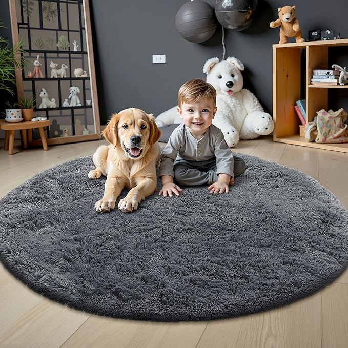 OLANLY Grey Round Rugs for Bedroom - Machine Washable, 3x3 Feet Circle Area Rugs for Living Room, Soft and Fluffy Shaggy Carpet for Teen Girls and Boys, Nursery Rooms, Dorms, Home Decor Aesthetic