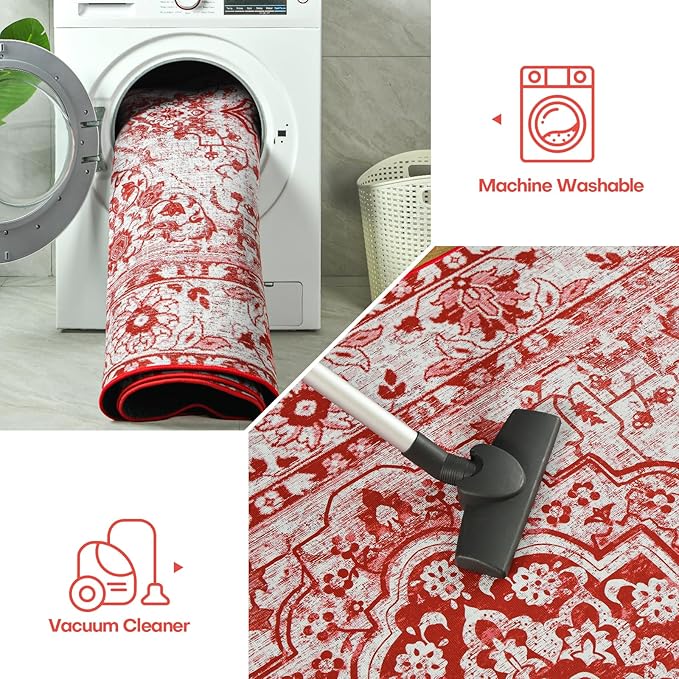 YJ.GWL Area Rug for Living Room, 4x6 Machine Washable Boho Rug for Bedroom, Low Pile Lightweight Thin Rugs Floral Vintage Distress Print Pattern Carpet for Dining Room, Red/White