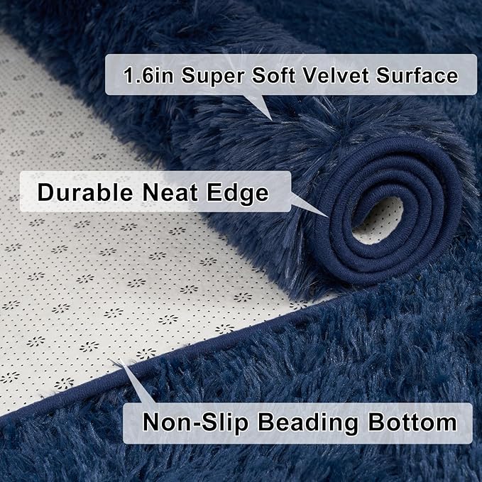 2×3 Small Rugs for Bedroom, Super Soft Living Room Shaggy Non-Slip Fluffy Furry Rug, Indoor Navy Blue Floors Carpet, for Kids Girls Boys Room, Dorm Nursery RoomsHome Decor Aesthetic