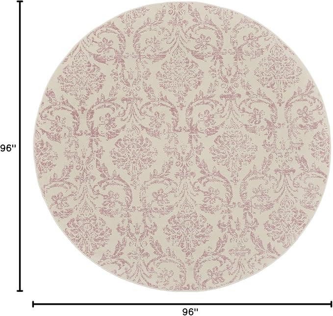 Nourison Jubilant Damask Ivory/Pink 8' x Round Area Rug, Easy Clean, Non Shedding, Bed Room, Living Room, Dining Room, Kitchen (8 Round)