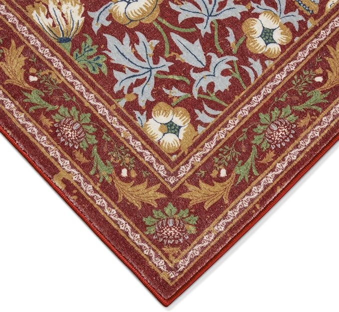 Strawberry Thief Area Rug Rust Red, Ultra Thin 8x10 Washable Carpet, Modern Abstract Art Living Room Rug, Boho Rustic Vintage Floral Botanical Large Rug for Bedroom Kitchen Dining Room Entryway