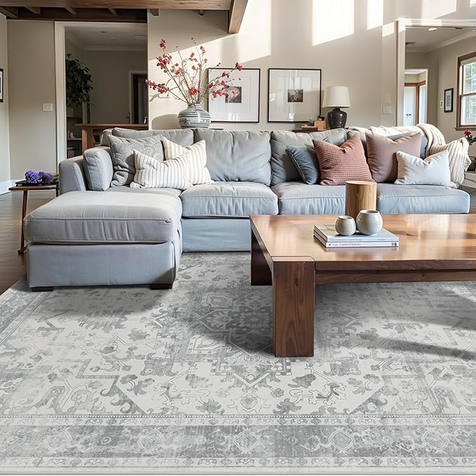 4x6 Washable Area Rug for Living Room, Neutral Vintage Boho Rugs for Office, Dining Room, Kids Room, Farmhouse, Durable Low Pile Non Slip Carpet for High Traffic Areas, Light Grey
