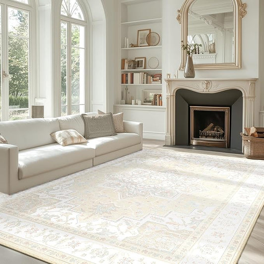 BESTSWEETIE 9x12 Area Rugs for Living Room, Washable Ultra Soft Boho Vintage Print Pattern Rug Non Slip Low Pile Carpet for Dining Room Bedroom Entryway Indoor-Cream/Light Ivory/Beige