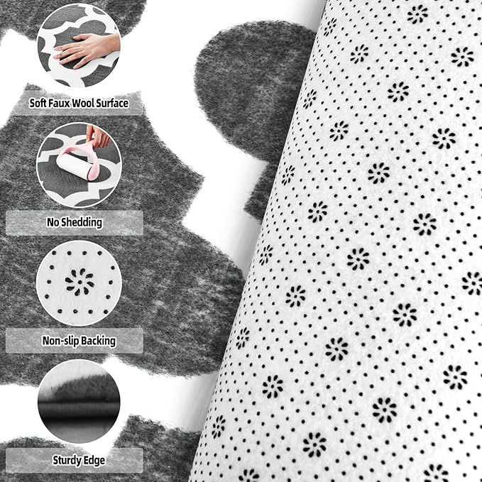 Large 6x9 Geometric Shag Modern Area Rug for Living Room Bedroom, Distressed Moroccan Fluffy Rug Indoor Carpets for Kids Nursery Bedside Room Decor, Memory Foam Shaggy Rugs, Dark Grey/White