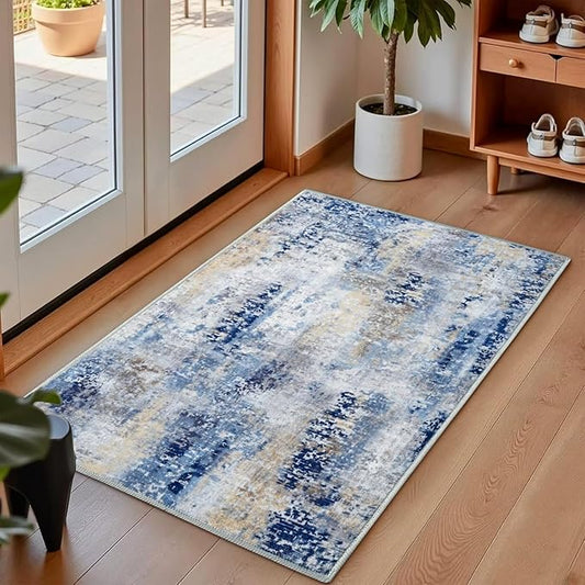 Washable Abstract Rug, 2x3 Small Modern Area Rugs with Non-Slip Rubber Backed for Kitchen, Thin but Soft Throw Carpet Bedroom Entryway Front Door Decor, Midnight Blue