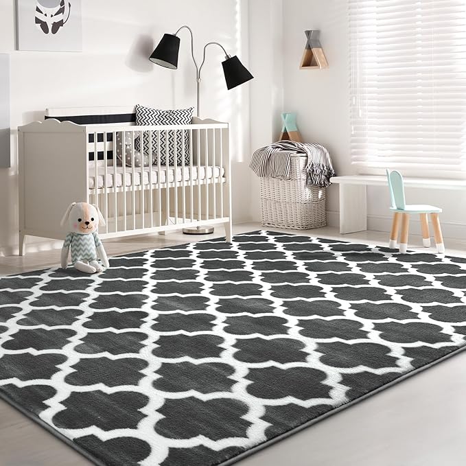 Large 6x9 Geometric Shag Modern Area Rug for Living Room Bedroom, Distressed Moroccan Fluffy Rug Indoor Carpets for Kids Nursery Bedside Room Decor, Memory Foam Shaggy Rugs, Dark Grey/White